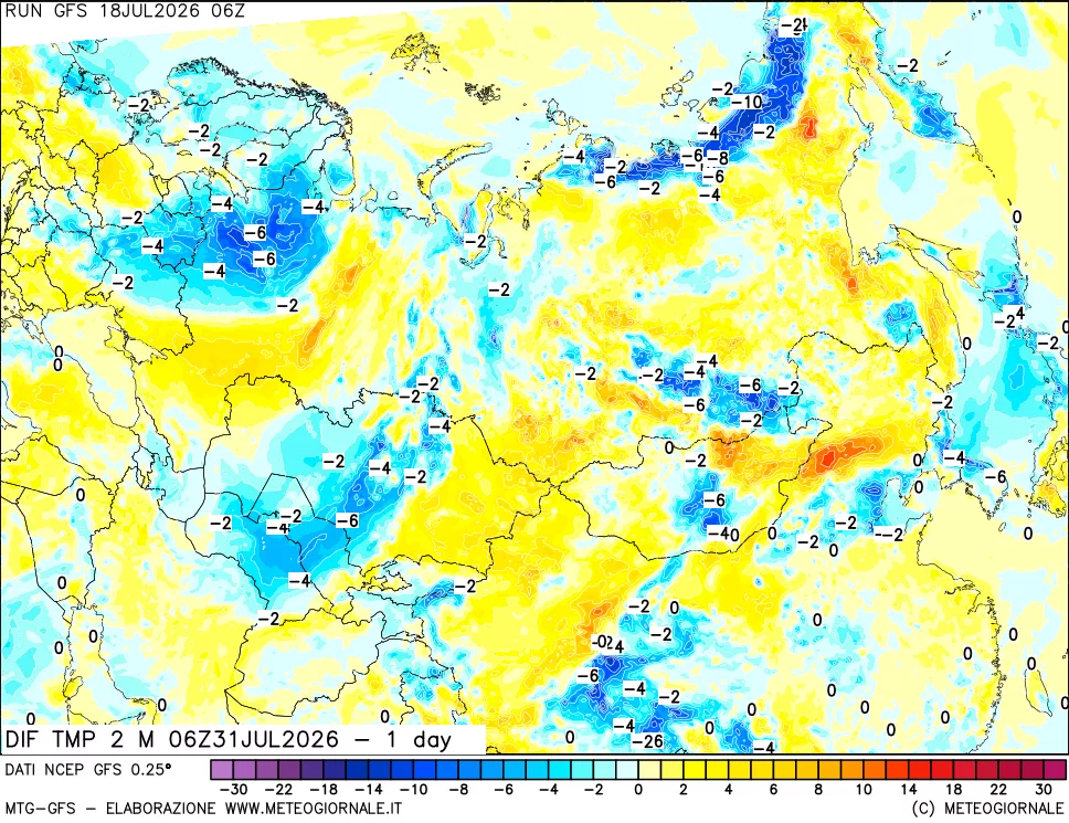 mappa Dif. Temp a 2 metri Valid - 1 day
