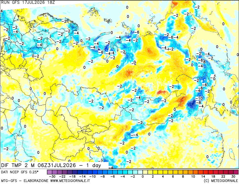 mappa Dif. Temp a 2 metri Valid - 1 day