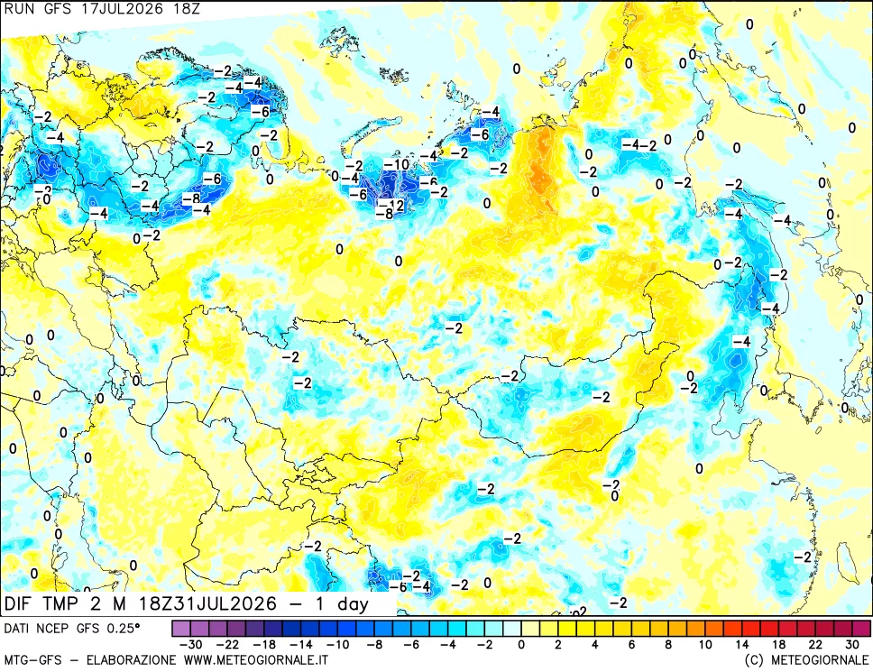 mappa Dif. Temp a 2 metri Valid - 1 day