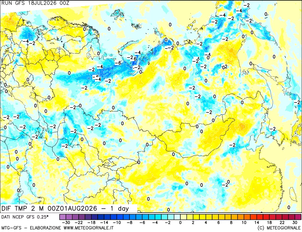 mappa Dif. Temp a 2 metri Valid - 1 day
