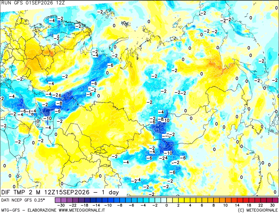 mappa Dif. Temp a 2 metri Valid - 1 day