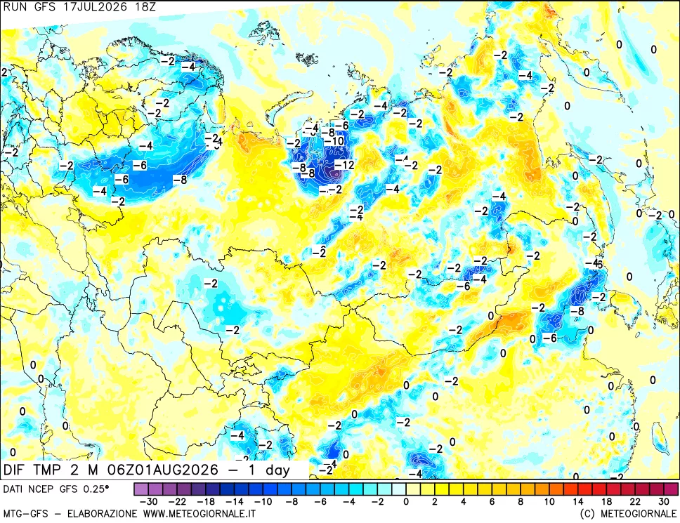 mappa Dif. Temp a 2 metri Valid - 1 day