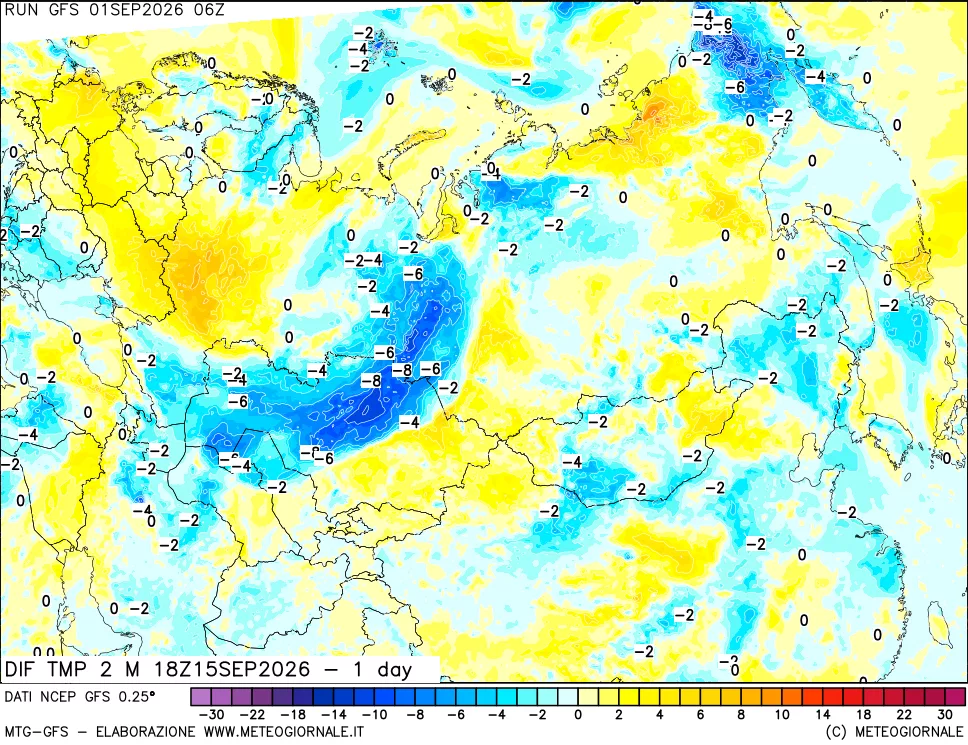 mappa Dif. Temp a 2 metri Valid - 1 day
