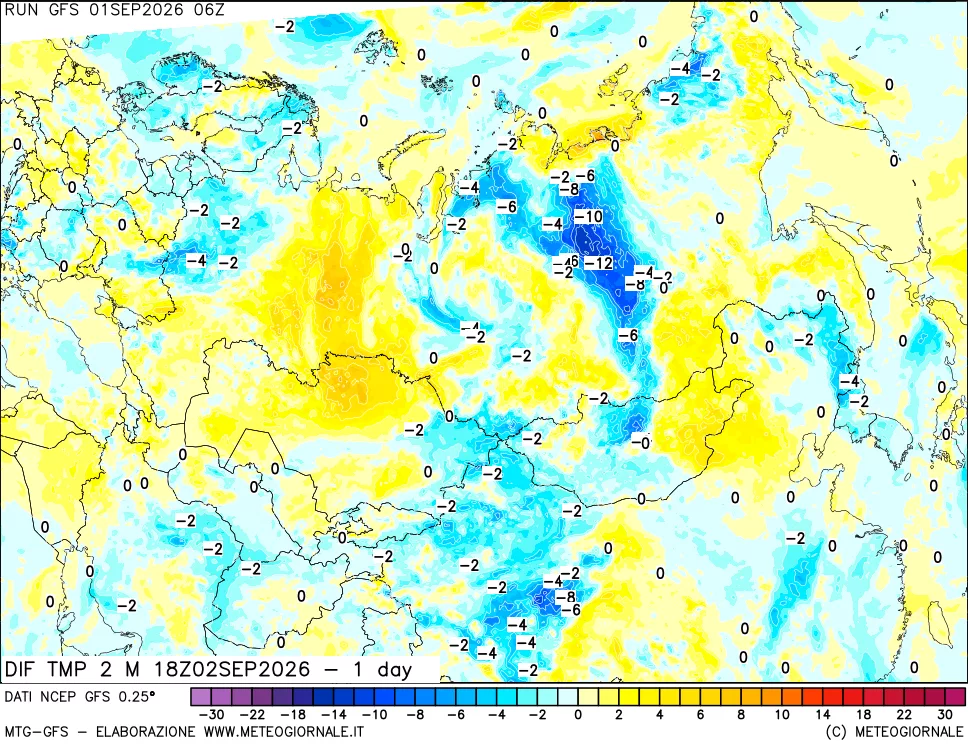 mappa Dif. Temp a 2 metri Valid - 1 day