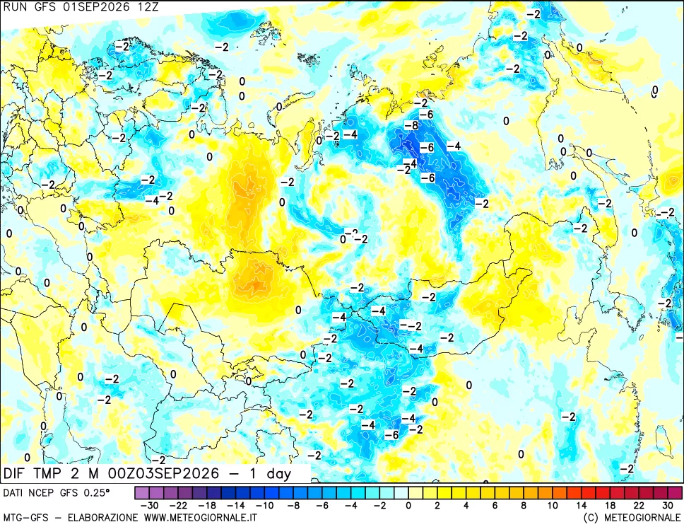 mappa Dif. Temp a 2 metri Valid - 1 day