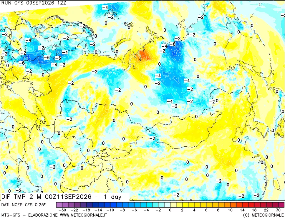 mappa Dif. Temp a 2 metri Valid - 1 day