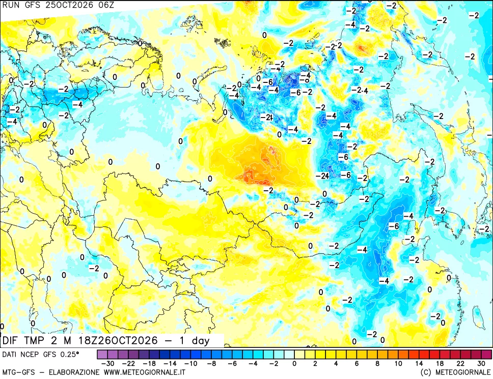 mappa Dif. Temp a 2 metri Valid - 1 day