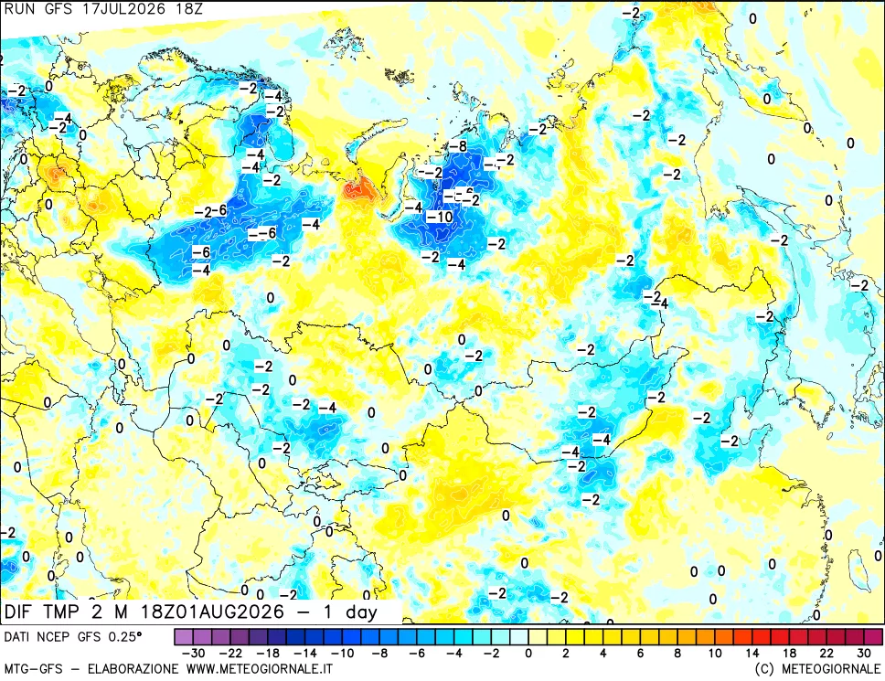 mappa Dif. Temp a 2 metri Valid - 1 day