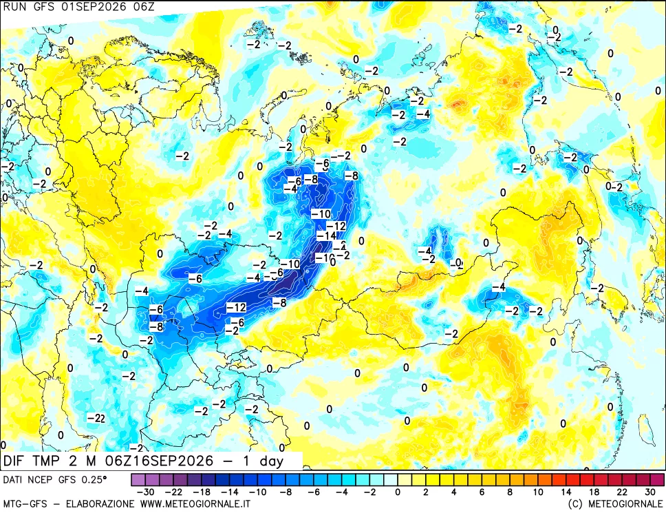 mappa Dif. Temp a 2 metri Valid - 1 day