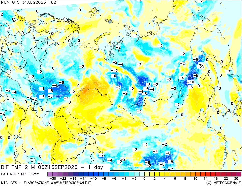 mappa Dif. Temp a 2 metri Valid - 1 day