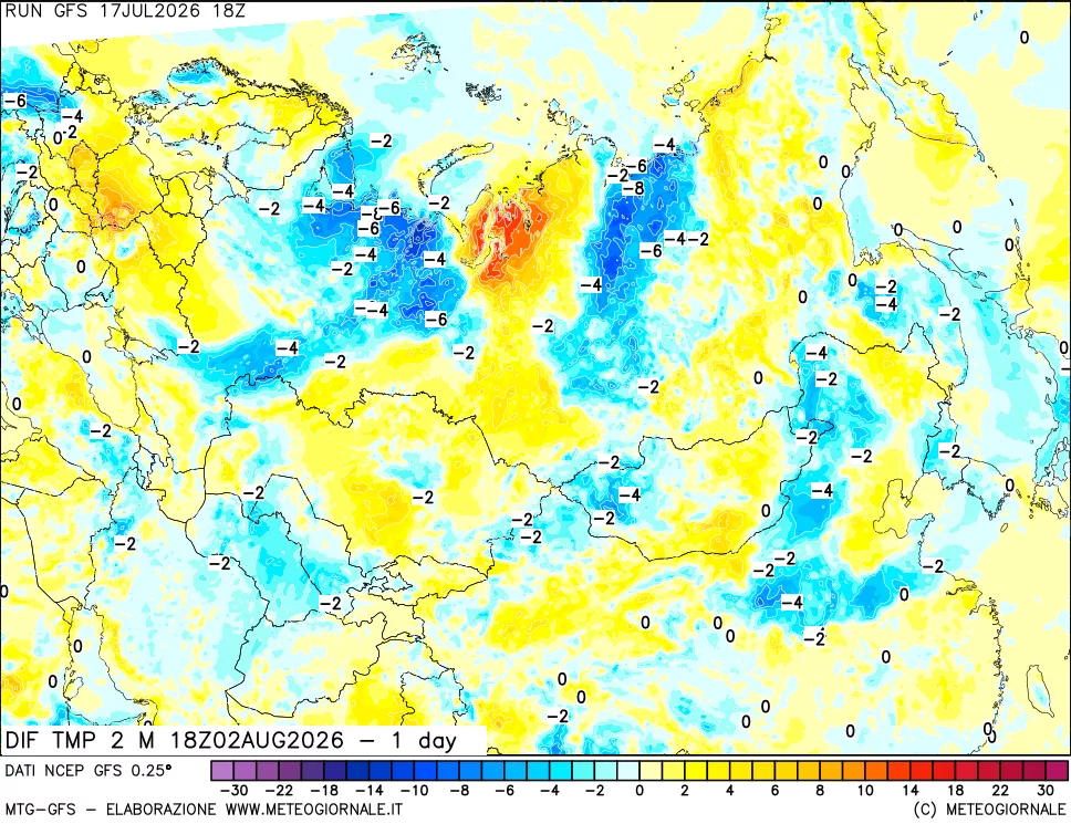 mappa Dif. Temp a 2 metri Valid - 1 day
