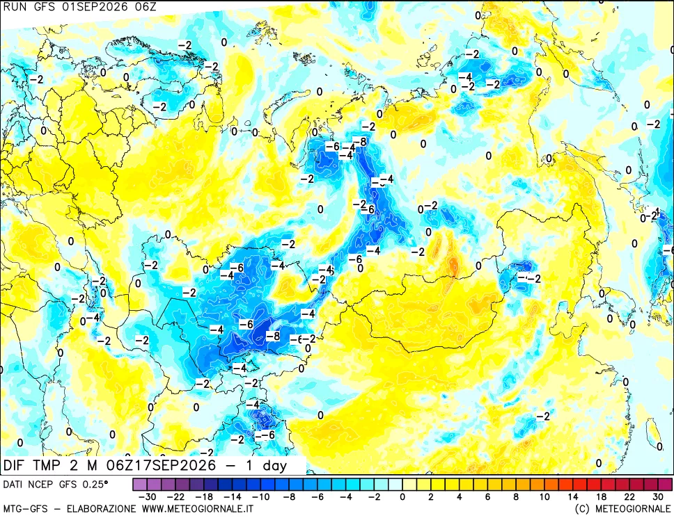 mappa Dif. Temp a 2 metri Valid - 1 day