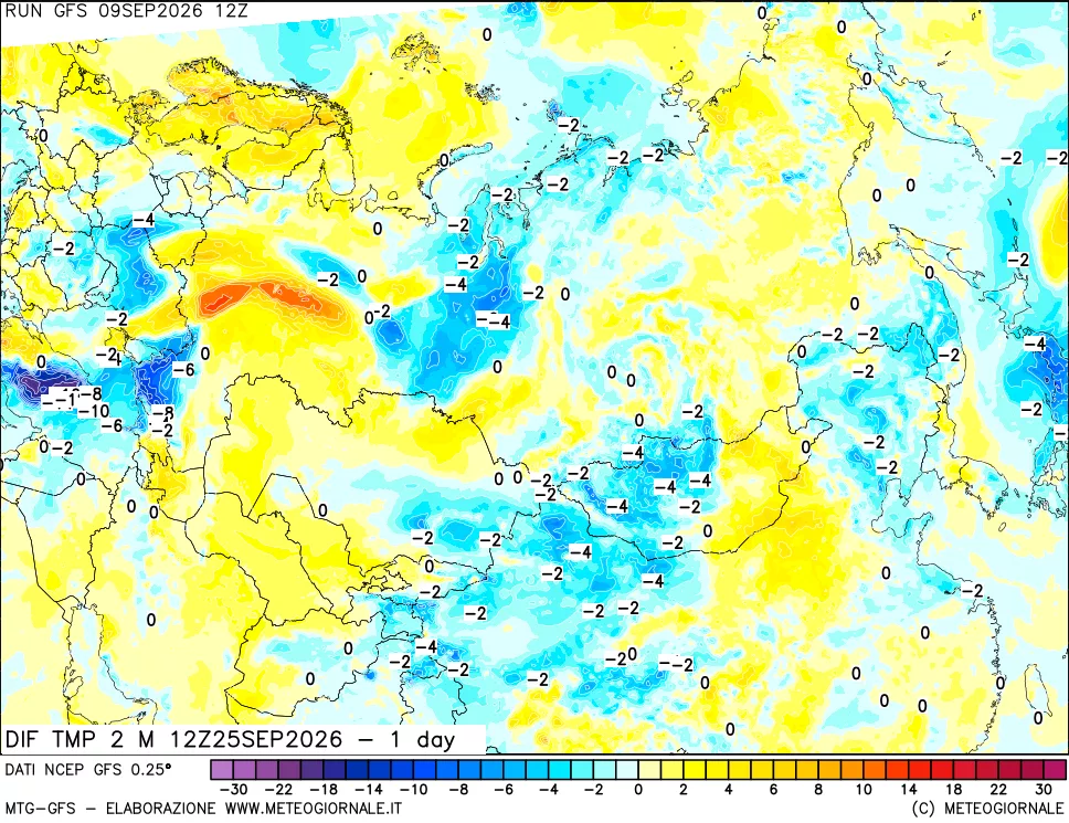 mappa Dif. Temp a 2 metri Valid - 1 day