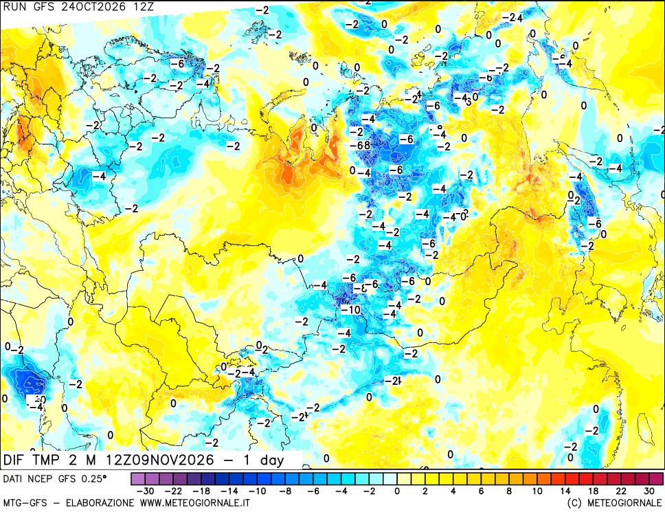 mappa Dif. Temp a 2 metri Valid - 1 day