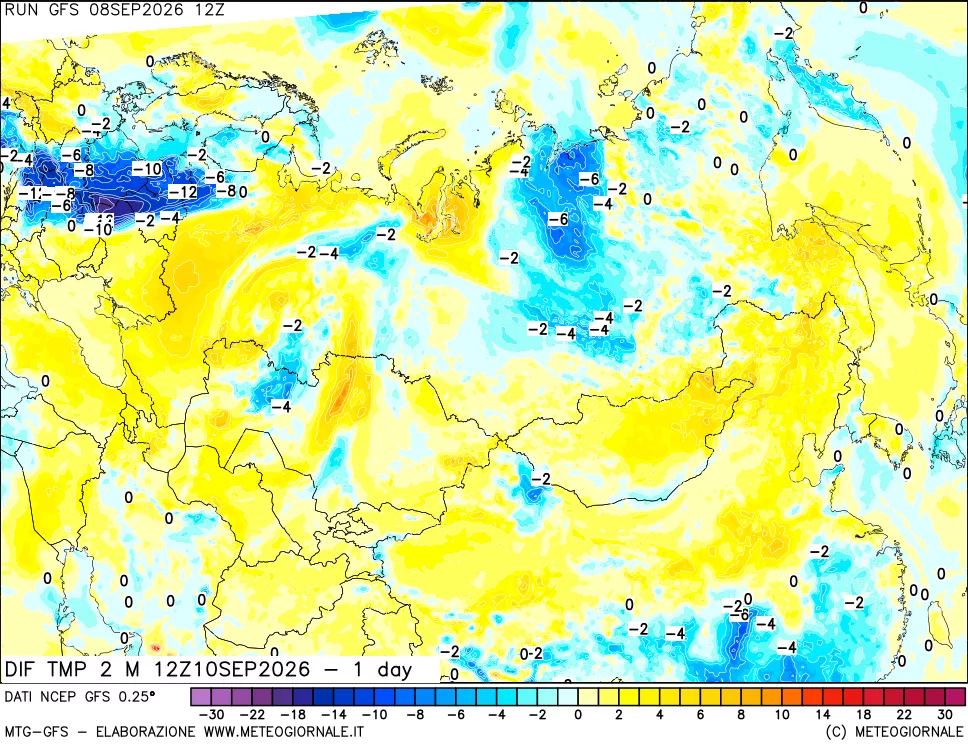 mappa Dif. Temp a 2 metri Valid - 1 day