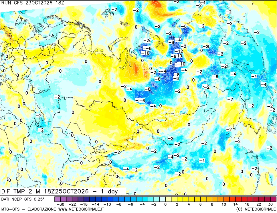 mappa Dif. Temp a 2 metri Valid - 1 day