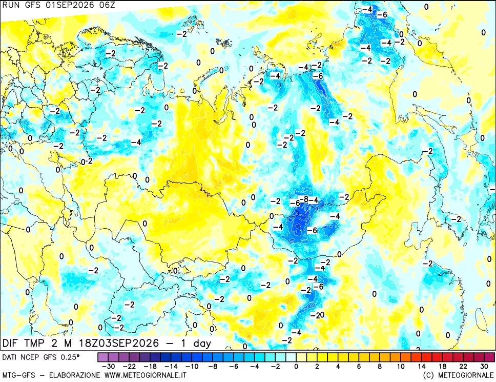 mappa Dif. Temp a 2 metri Valid - 1 day