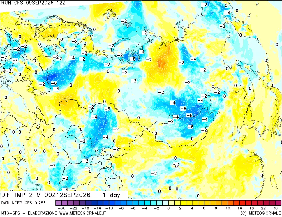mappa Dif. Temp a 2 metri Valid - 1 day
