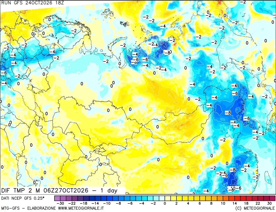 mappa Dif. Temp a 2 metri Valid - 1 day