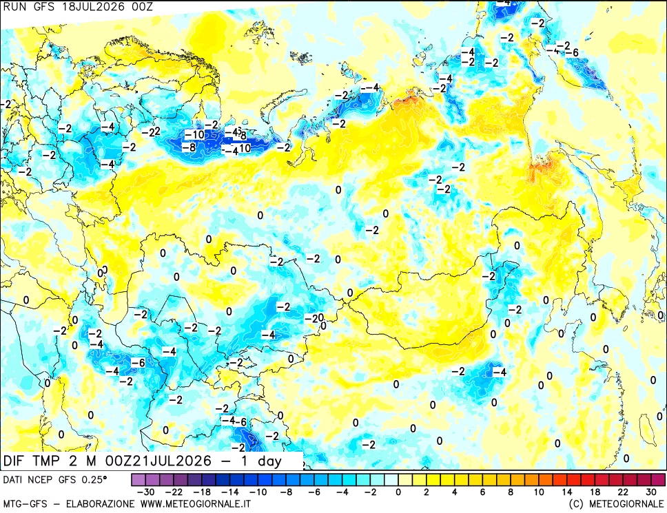 mappa Dif. Temp a 2 metri Valid - 1 day