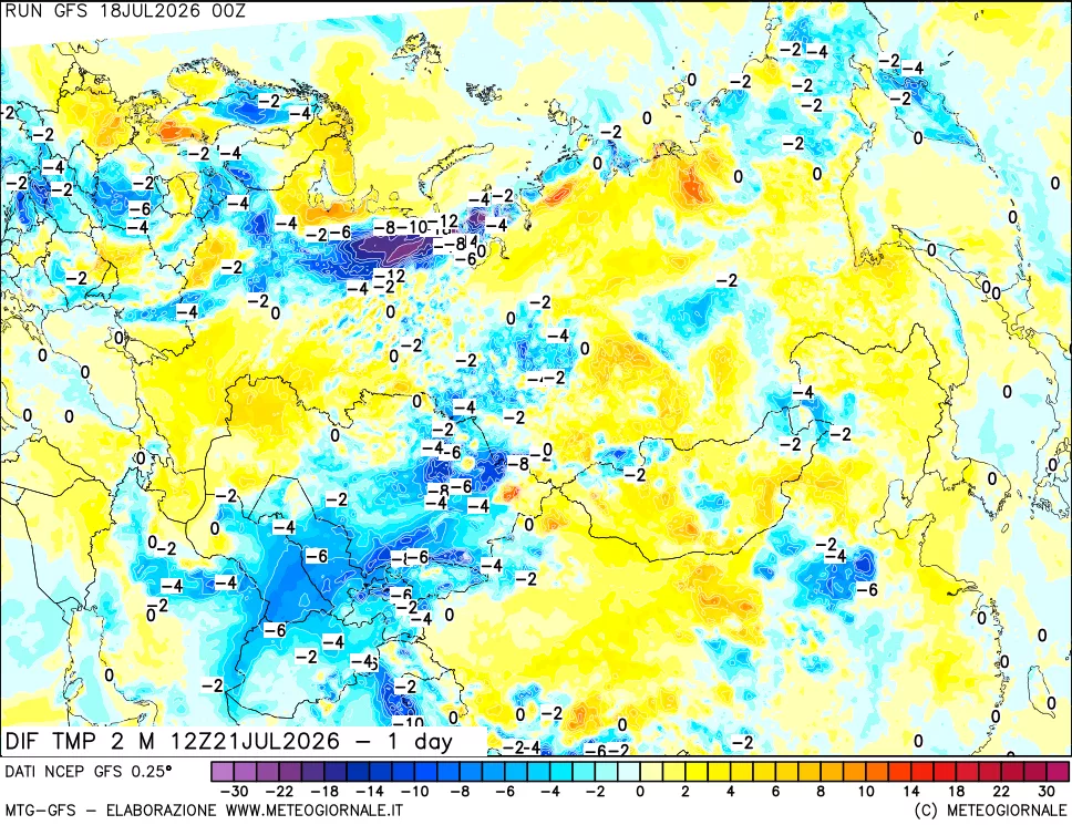 mappa Dif. Temp a 2 metri Valid - 1 day