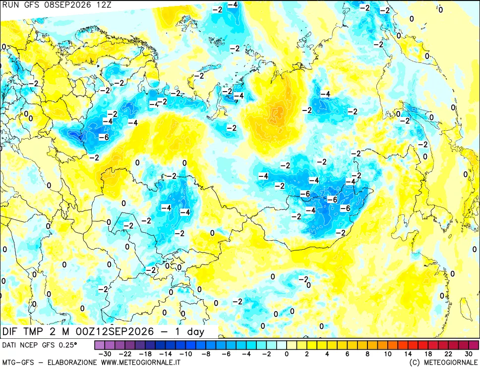 mappa Dif. Temp a 2 metri Valid - 1 day