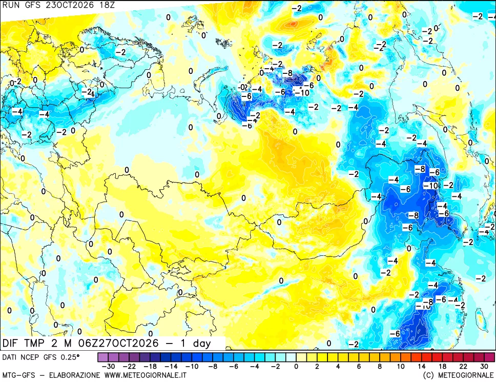 mappa Dif. Temp a 2 metri Valid - 1 day