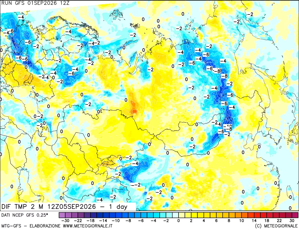 mappa Dif. Temp a 2 metri Valid - 1 day