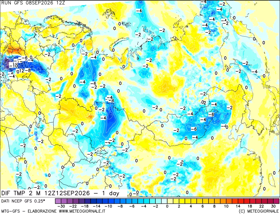 mappa Dif. Temp a 2 metri Valid - 1 day