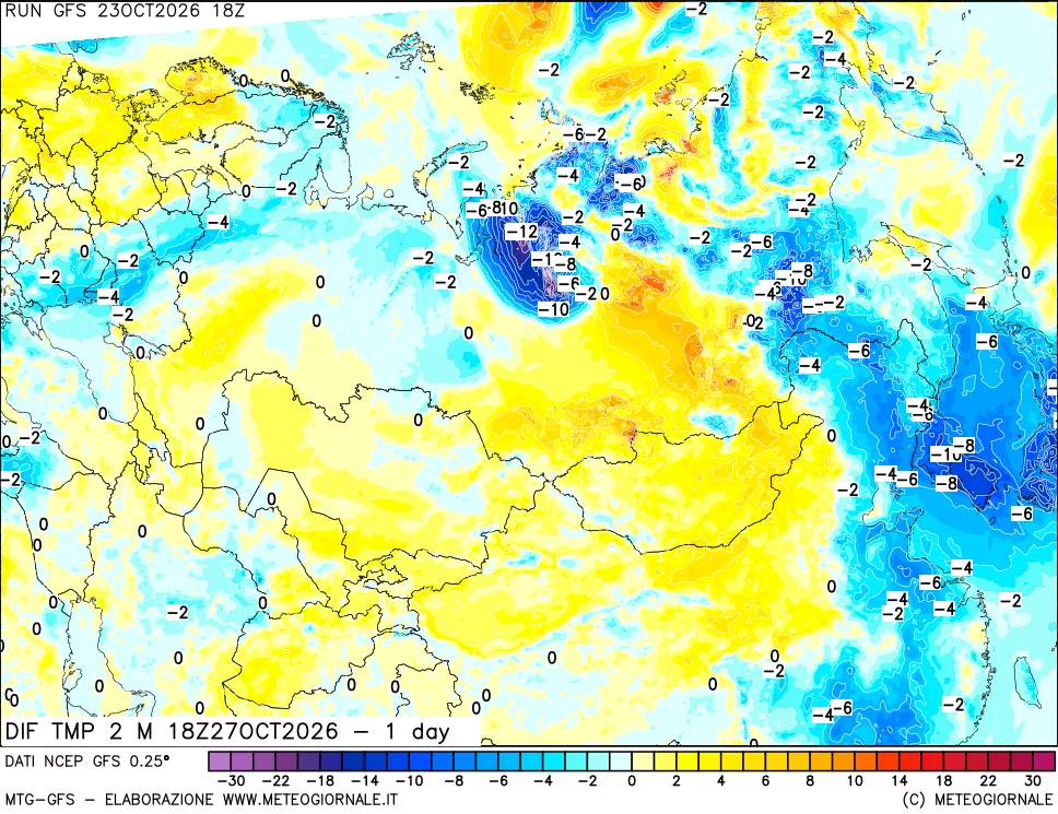 mappa Dif. Temp a 2 metri Valid - 1 day