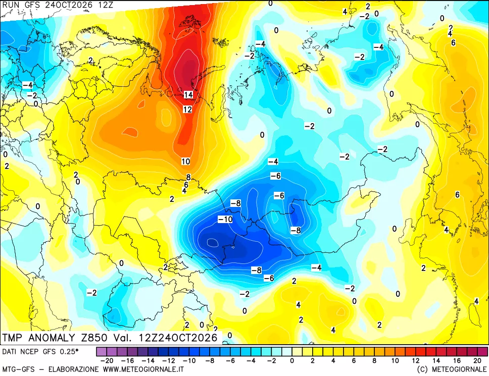 mappa 850 hPa Temp Anomaly vs Cli.No 1981-2010