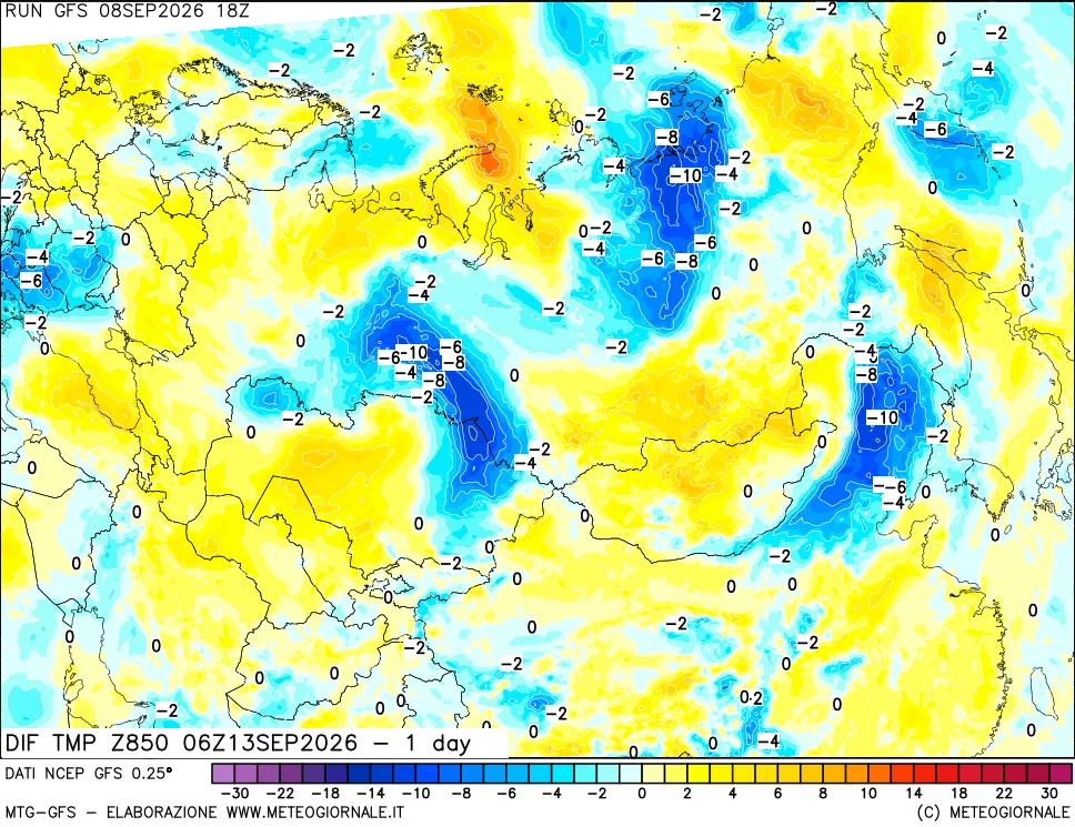 mappa Dif. Temp a 850 hPa Valid - 1 day