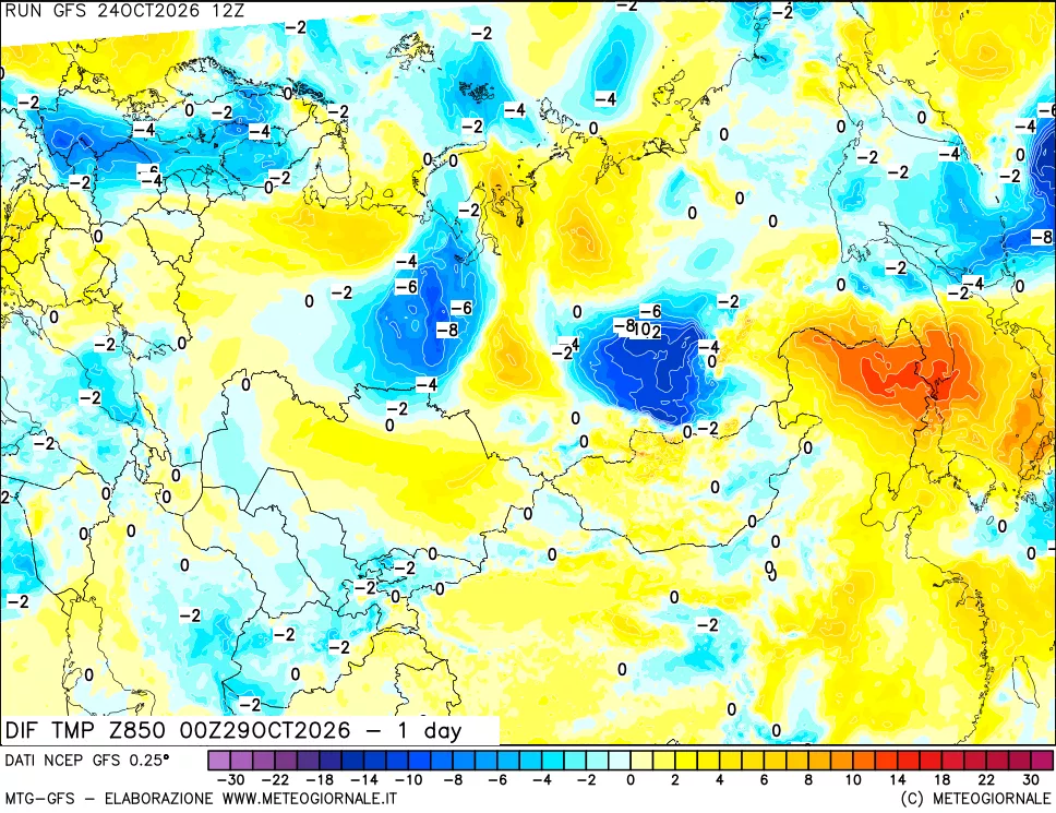 mappa Dif. Temp a 850 hPa Valid - 1 day