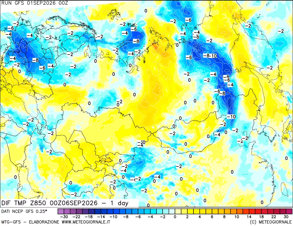 mappa Dif. Temp a 850 hPa Valid - 1 day