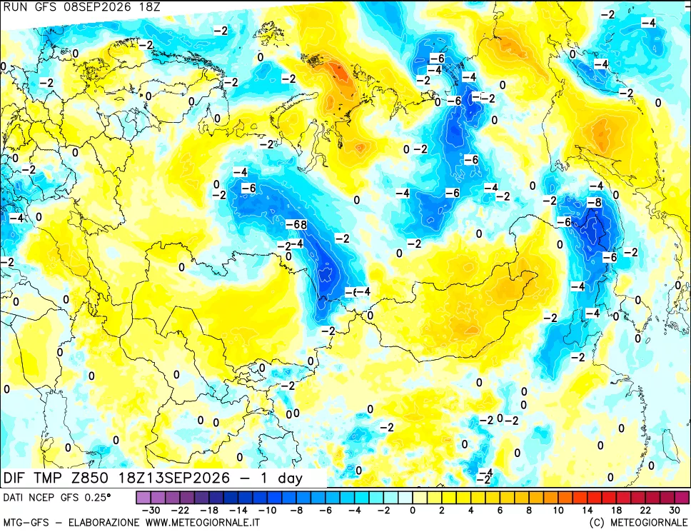 mappa Dif. Temp a 850 hPa Valid - 1 day