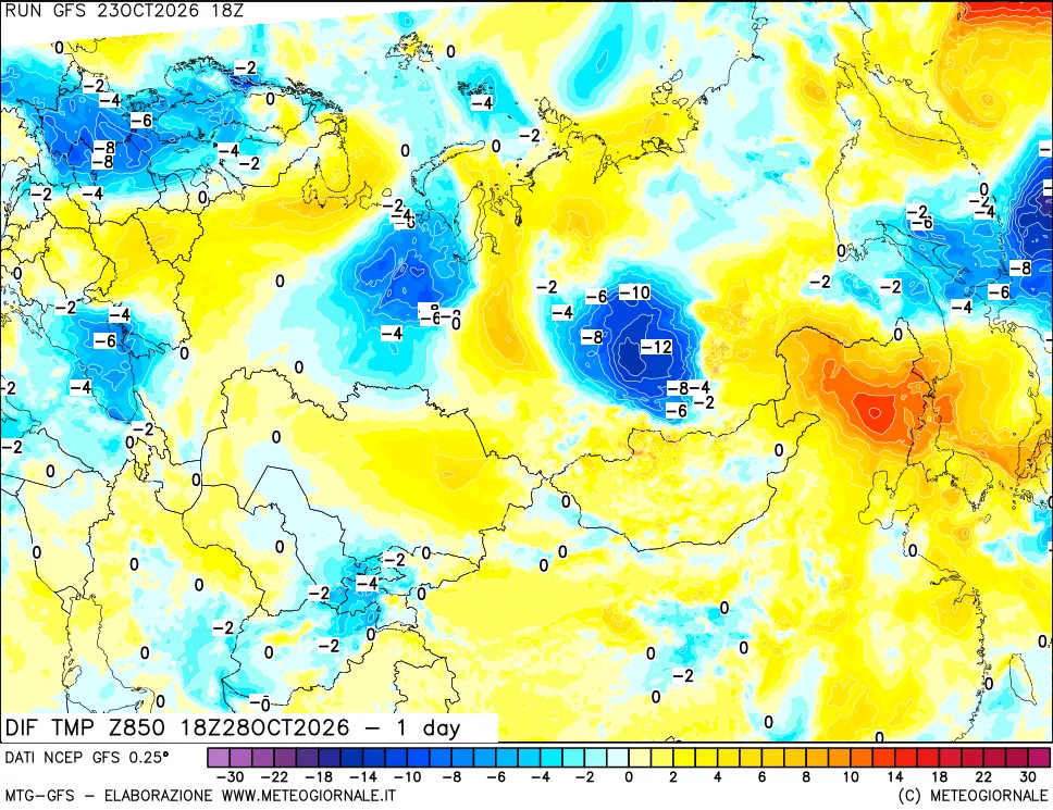 mappa Dif. Temp a 850 hPa Valid - 1 day