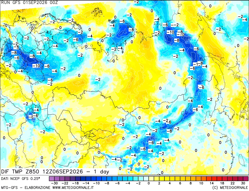 mappa Dif. Temp a 850 hPa Valid - 1 day