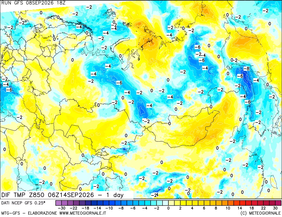 mappa Dif. Temp a 850 hPa Valid - 1 day