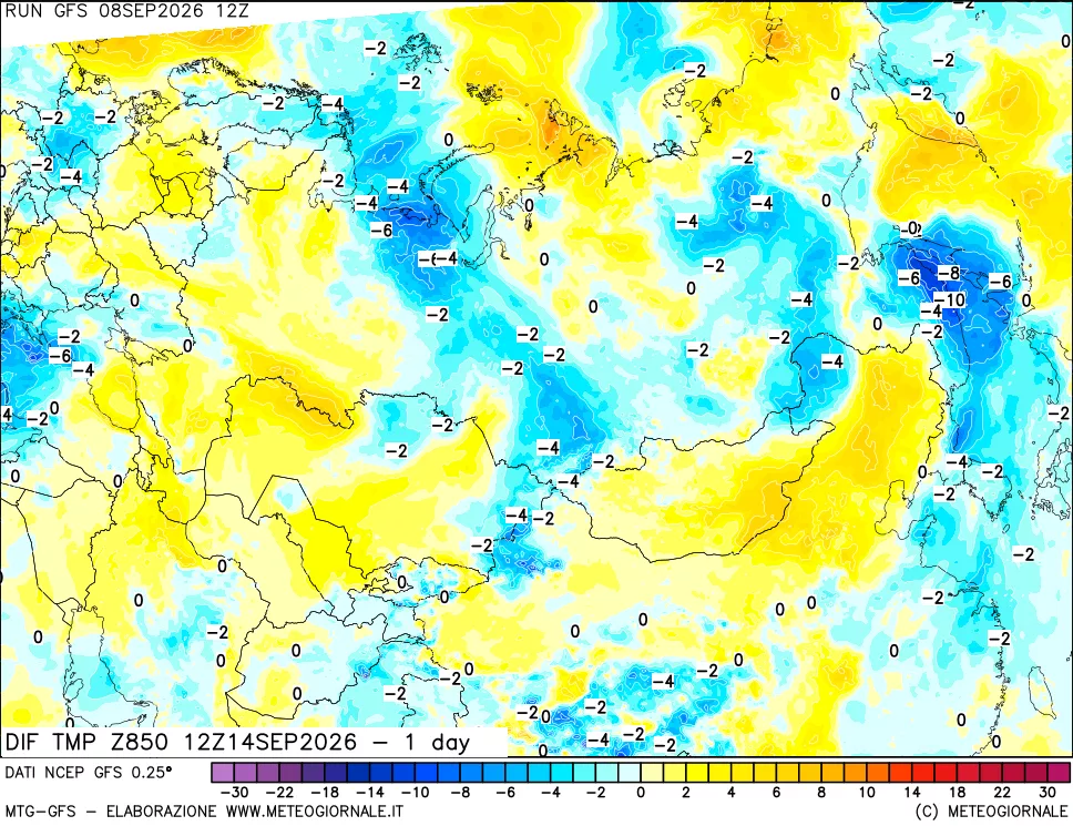 mappa Dif. Temp a 850 hPa Valid - 1 day
