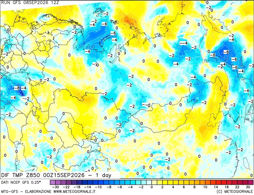 mappa Dif. Temp a 850 hPa Valid - 1 day