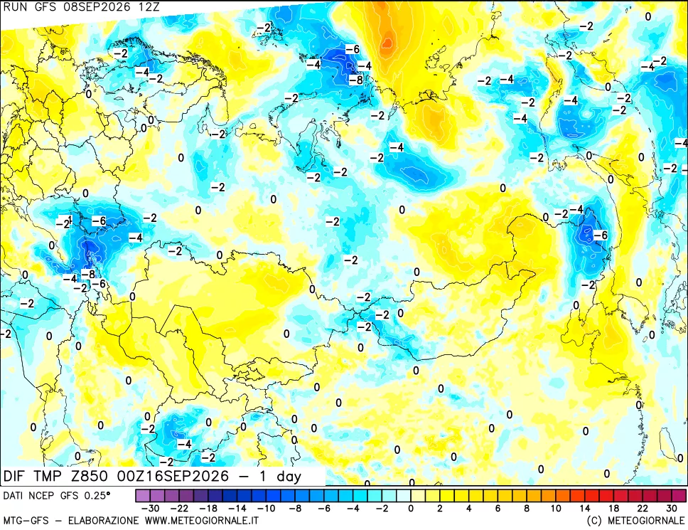 mappa Dif. Temp a 850 hPa Valid - 1 day