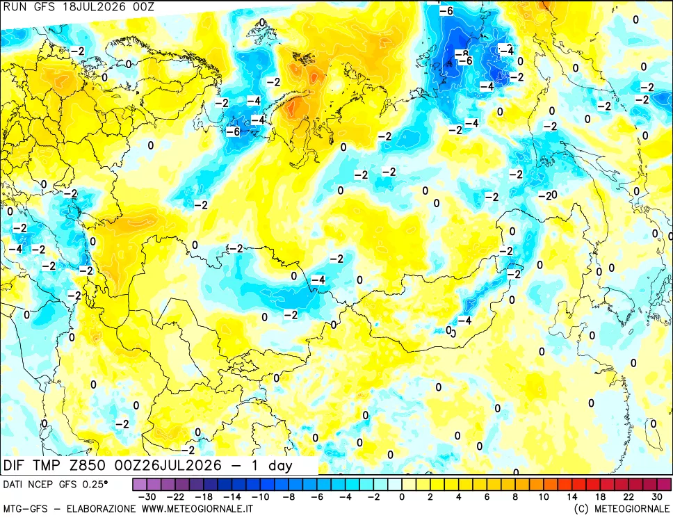 mappa Dif. Temp a 850 hPa Valid - 1 day
