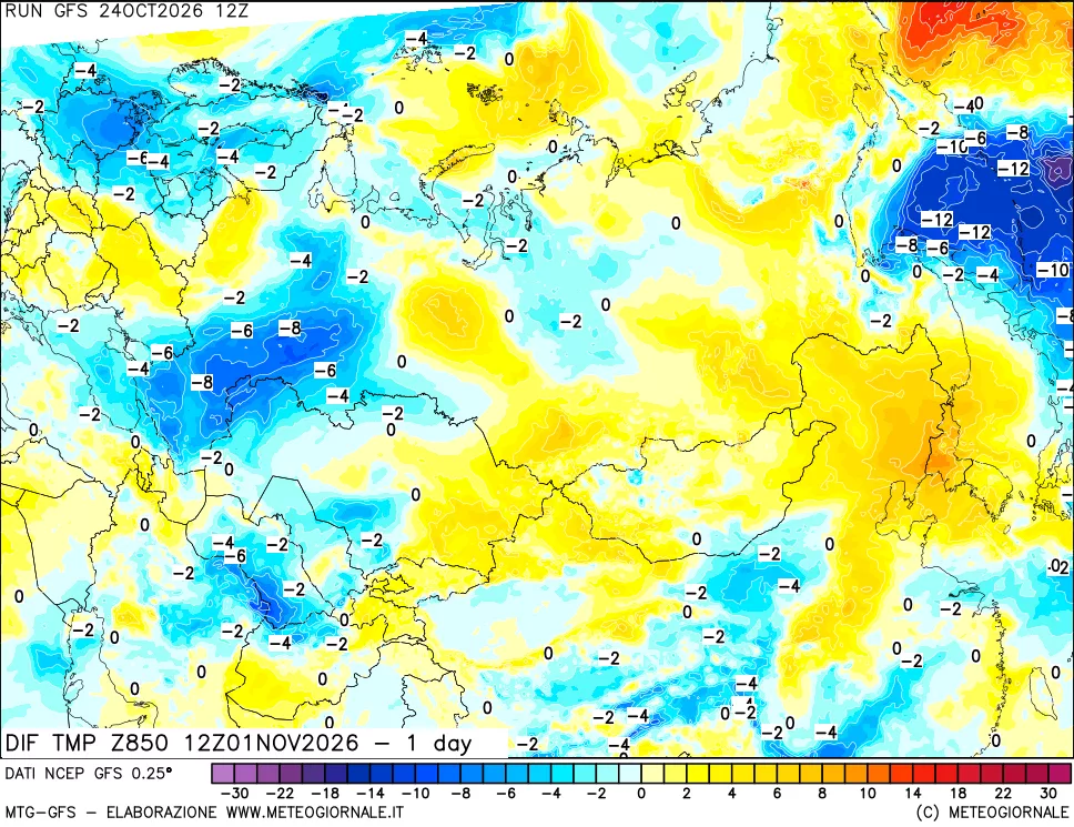 mappa Dif. Temp a 850 hPa Valid - 1 day