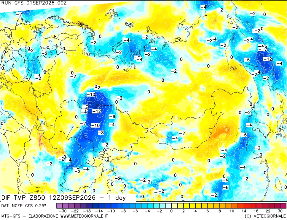 mappa Dif. Temp a 850 hPa Valid - 1 day
