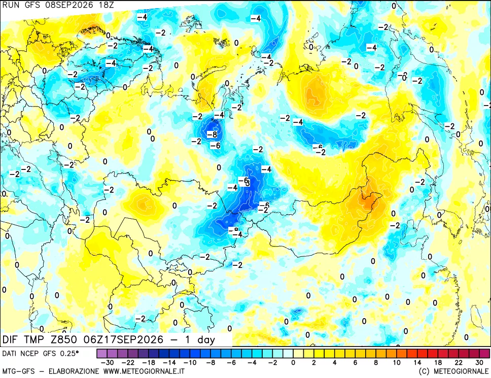 mappa Dif. Temp a 850 hPa Valid - 1 day