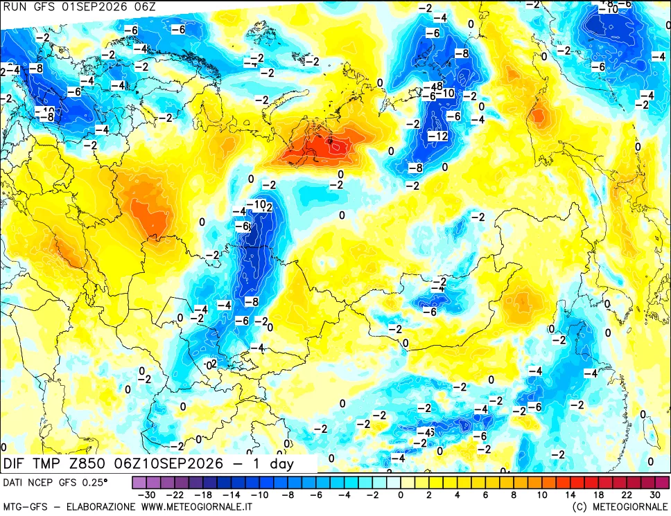 mappa Dif. Temp a 850 hPa Valid - 1 day