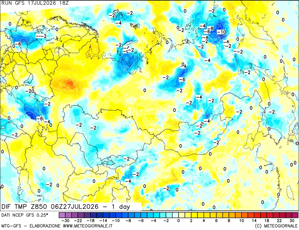 mappa Dif. Temp a 850 hPa Valid - 1 day