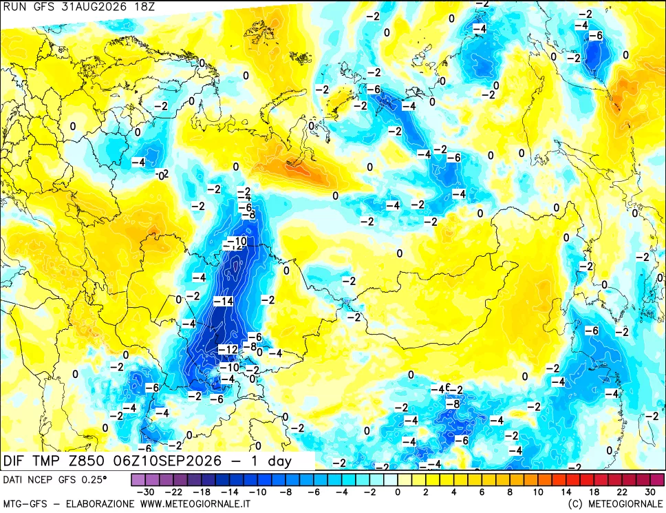 mappa Dif. Temp a 850 hPa Valid - 1 day