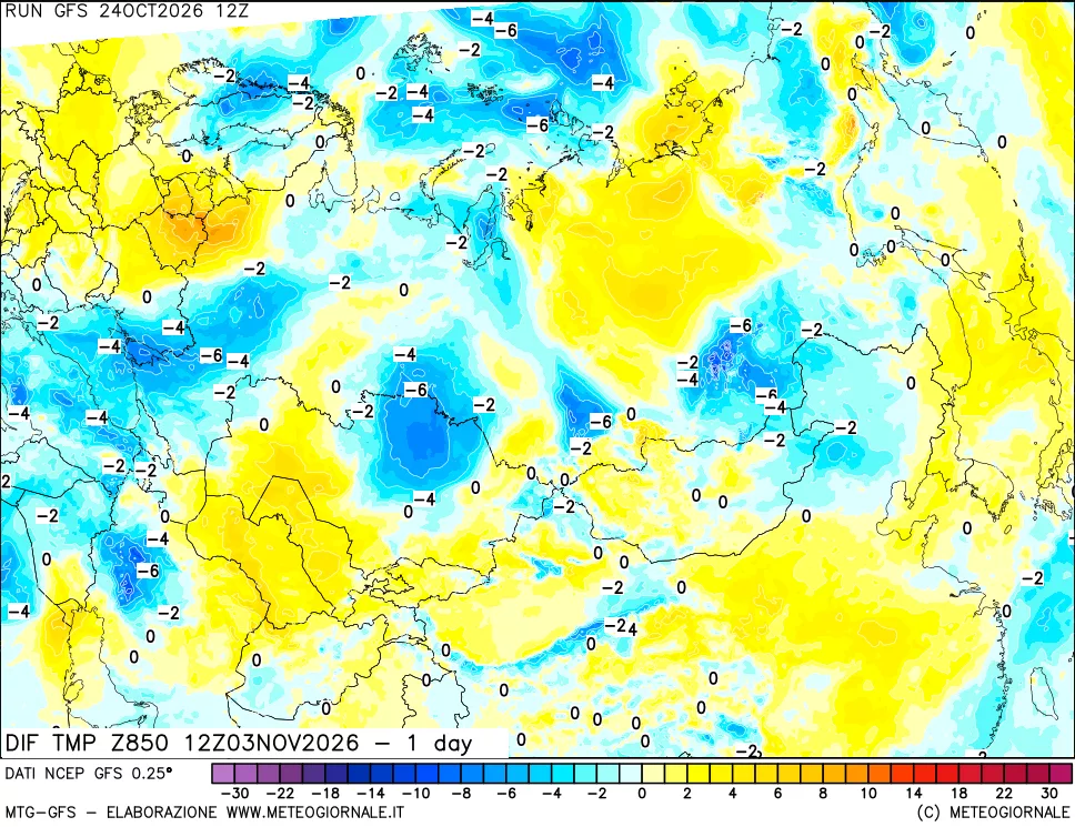 mappa Dif. Temp a 850 hPa Valid - 1 day