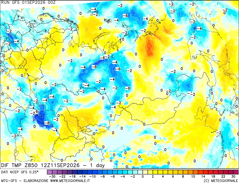 mappa Dif. Temp a 850 hPa Valid - 1 day